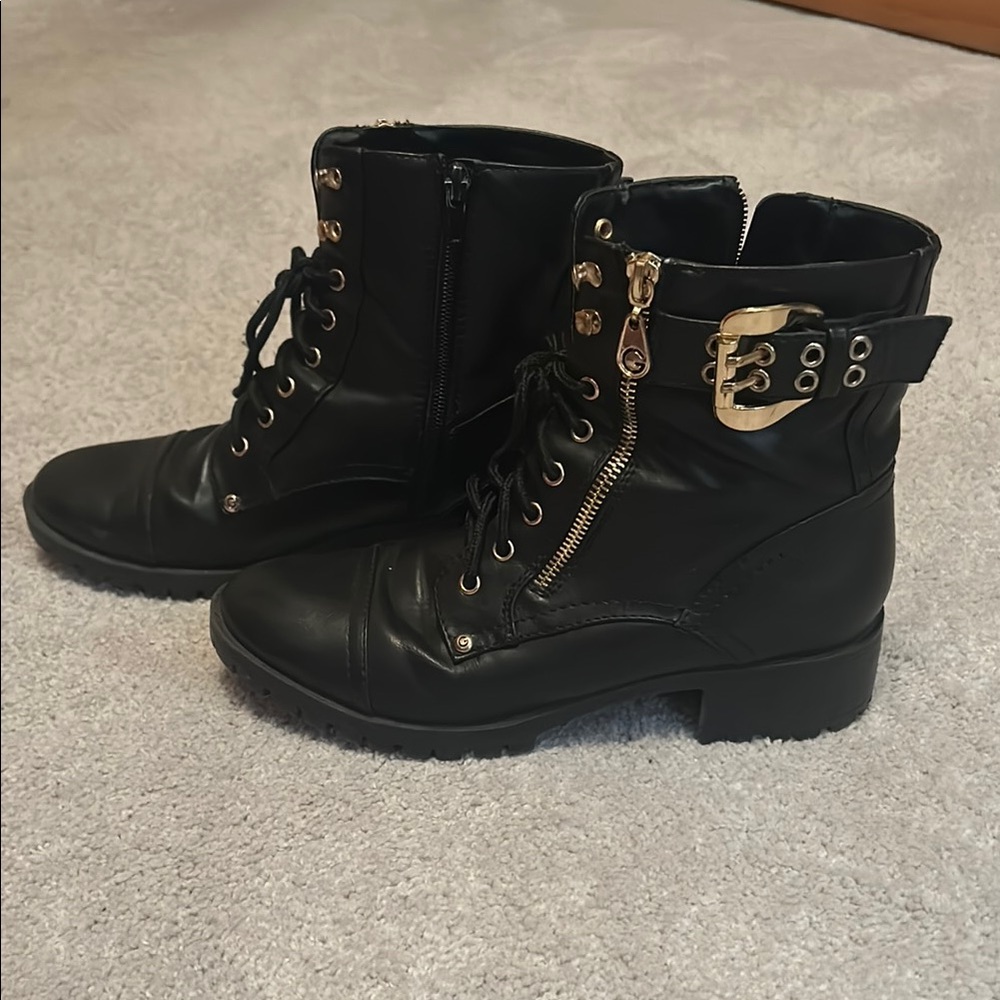 Guess Black and Gold Combat Moto Boots with Rugged Sole